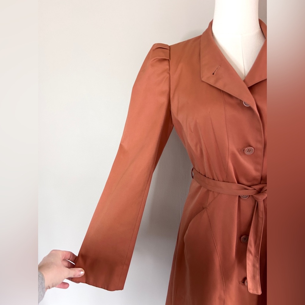 VINTAGE PBD INTERNATIONAL 90s Rust Belted Trench Coat Dress Parisian Retro Small - Picture 7 of 13